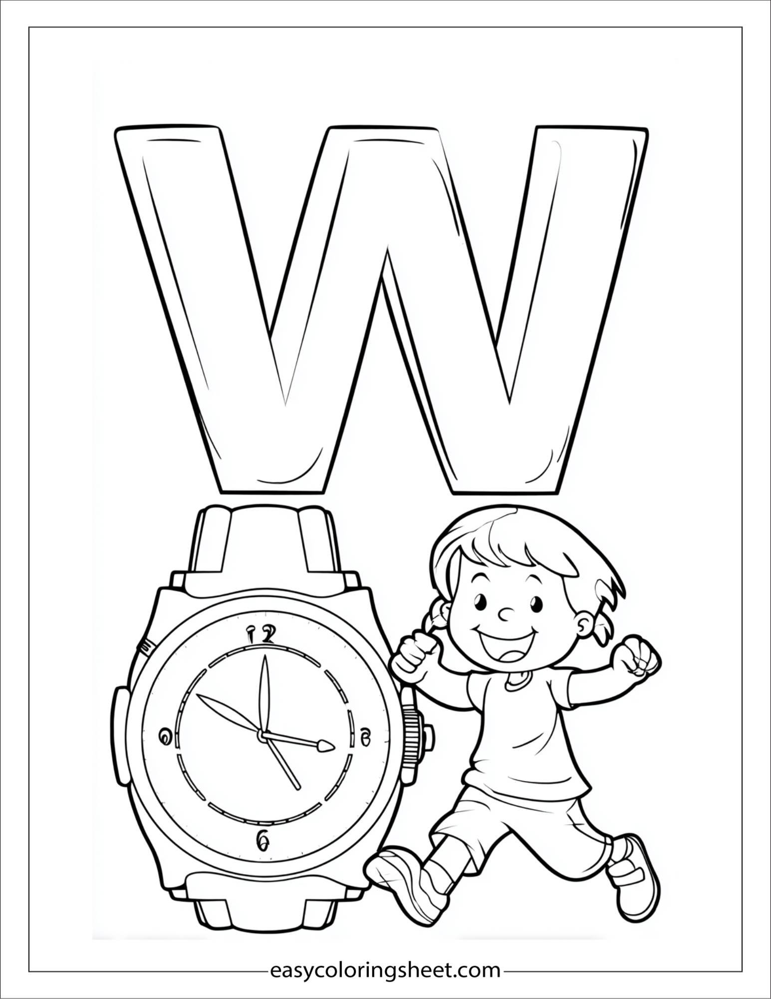alphabet W watch alarm coloring page