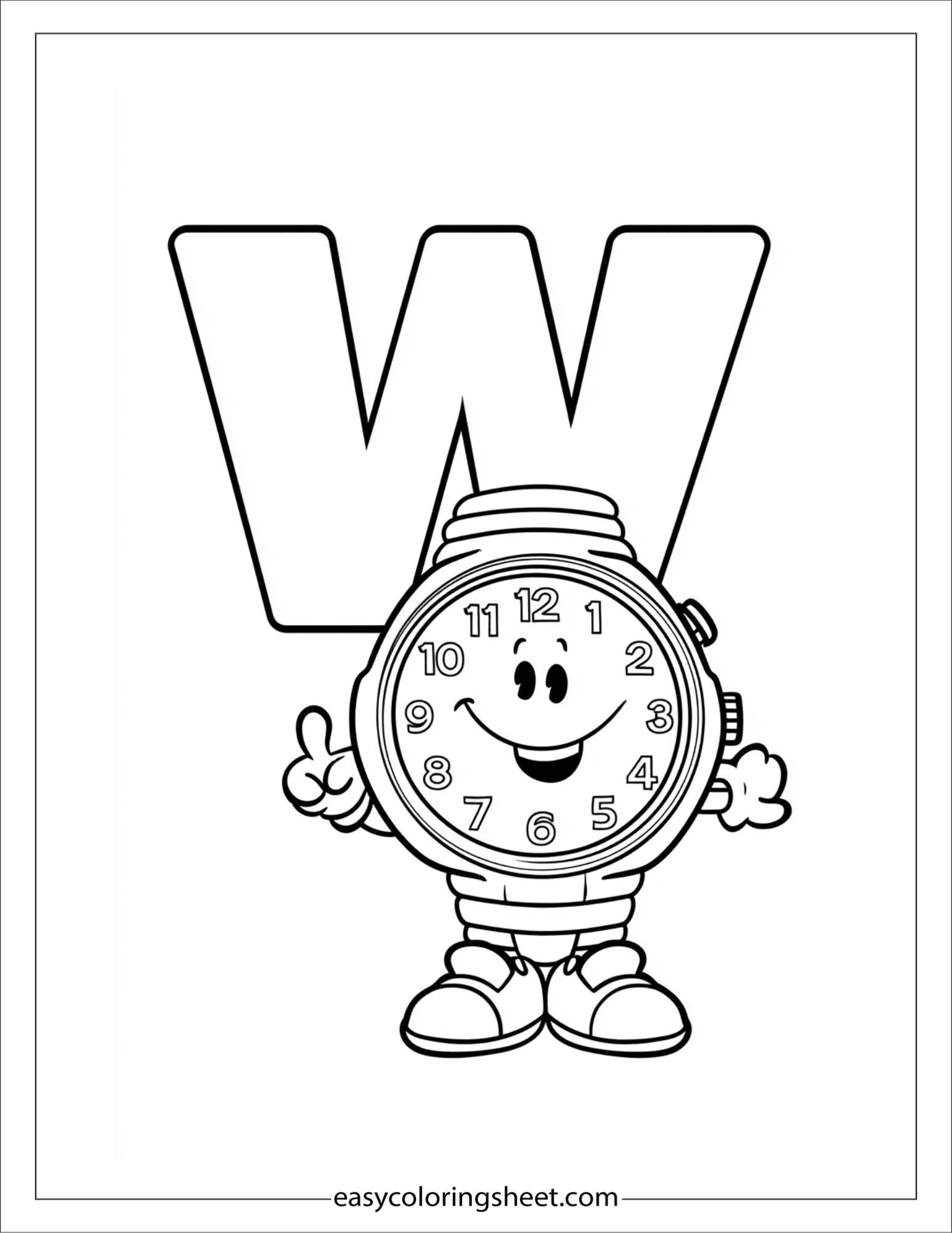 alphabet W watch clock coloring page