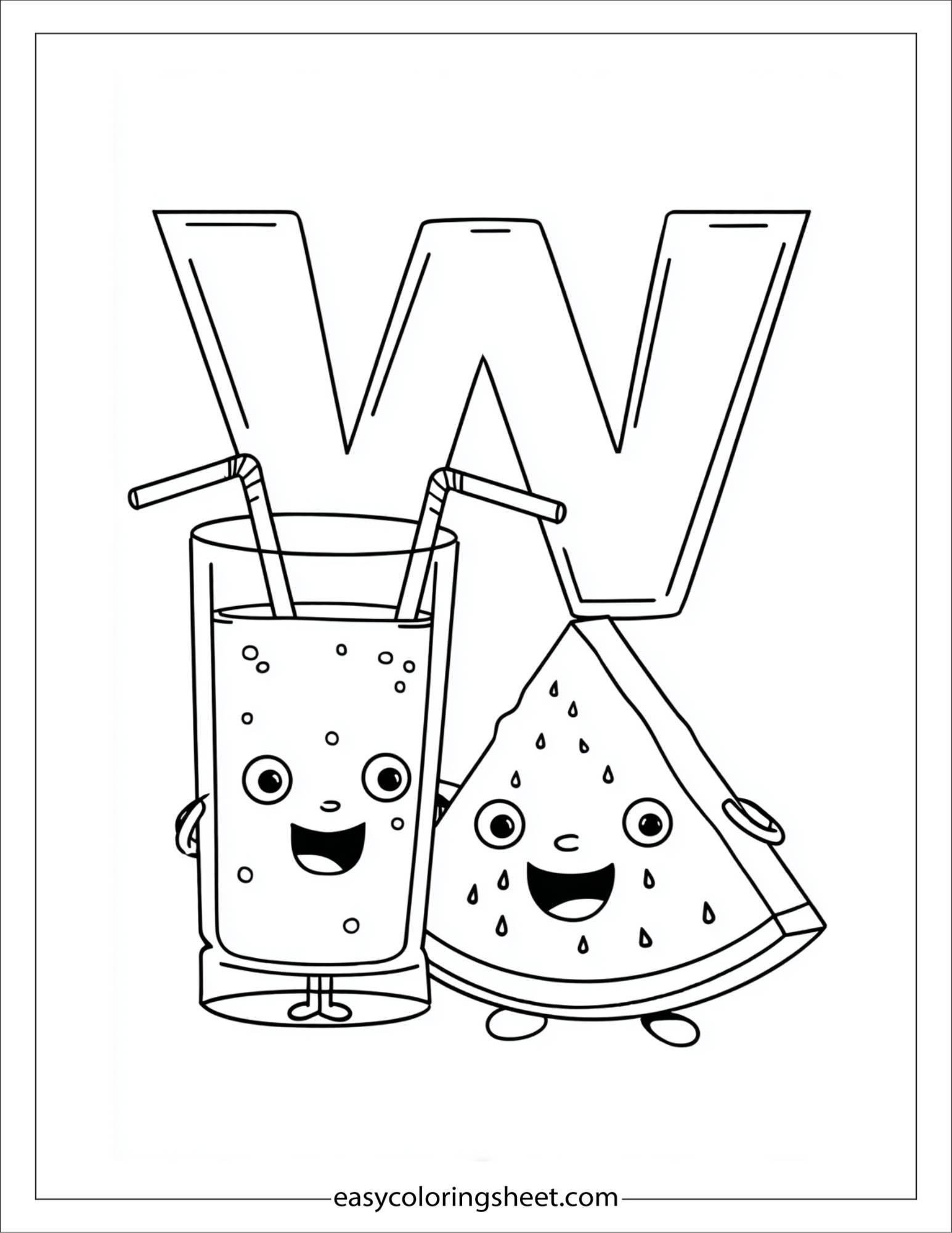 alphabet W watermelon juice coloring page