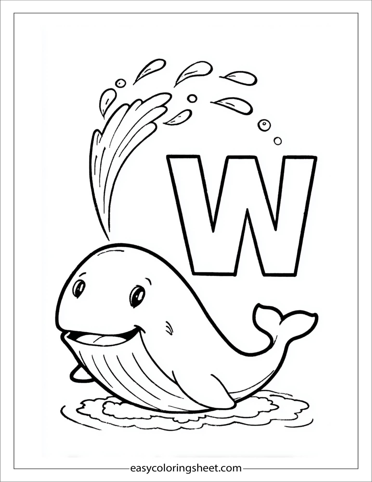 alphabet W whale coloring page
