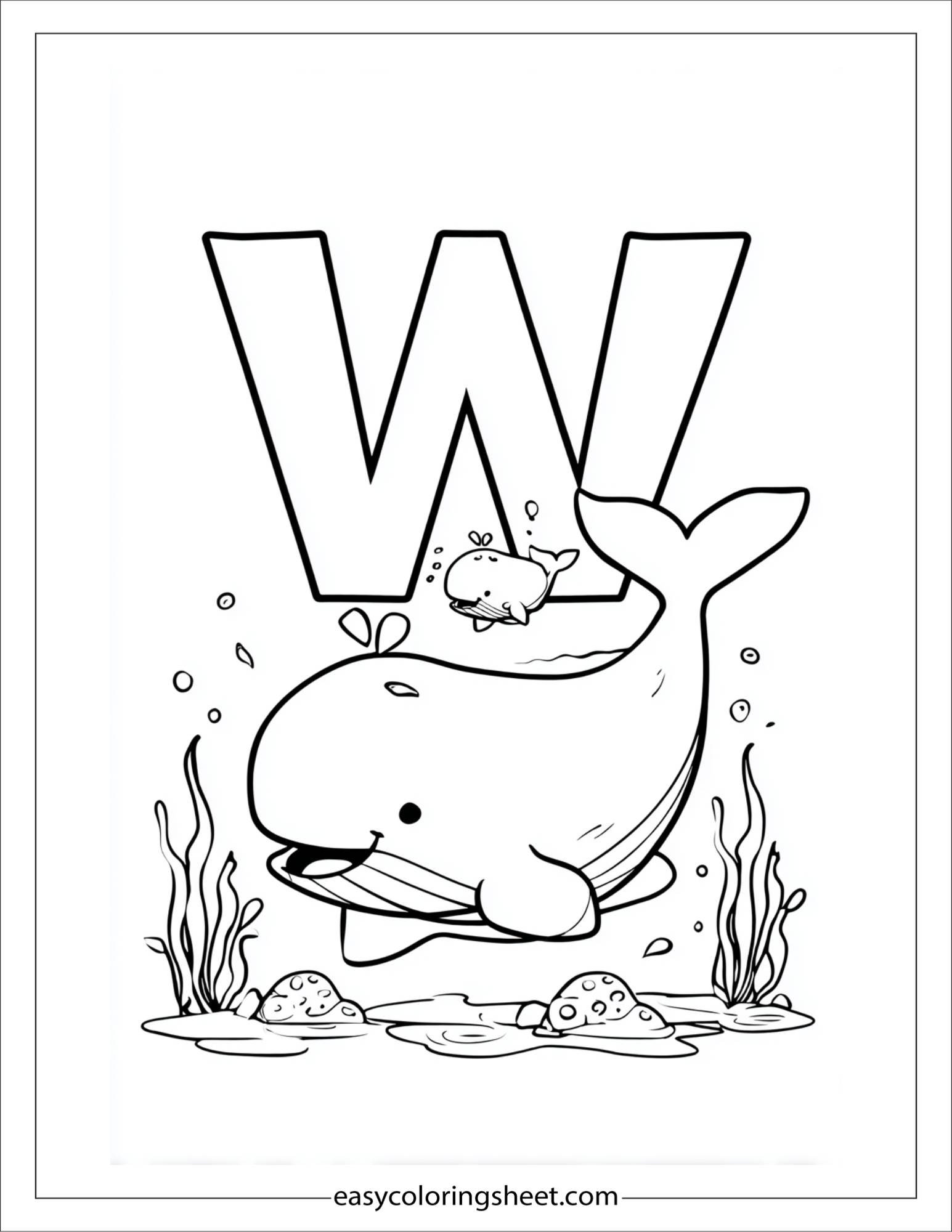 alphabet W whale family coloring page
