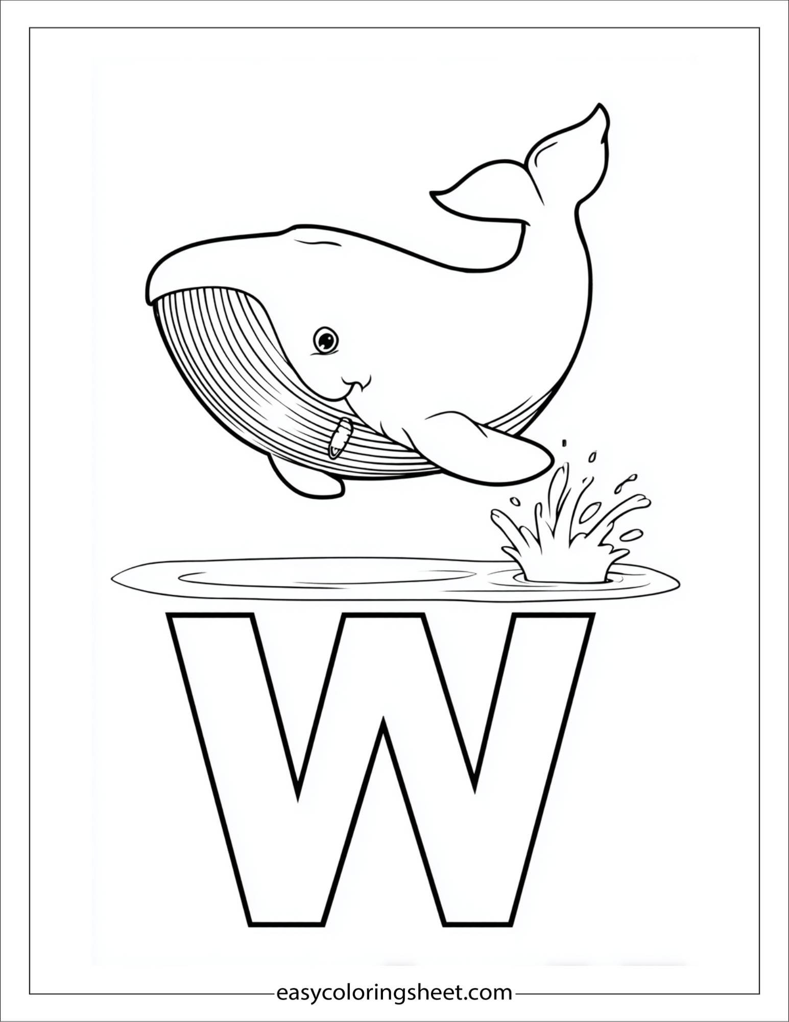 alphabet W whale splash coloring page
