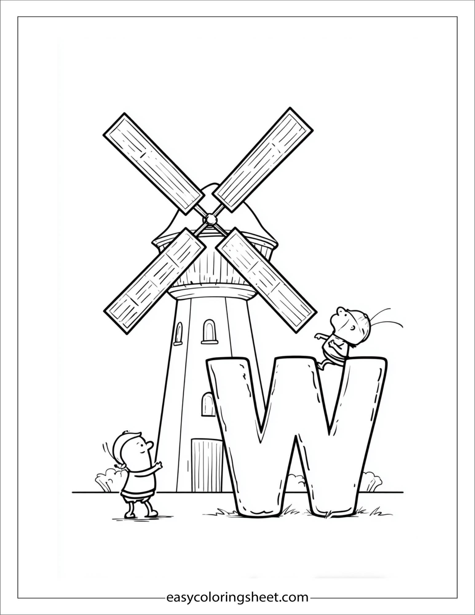 alphabet W windmill coloring page