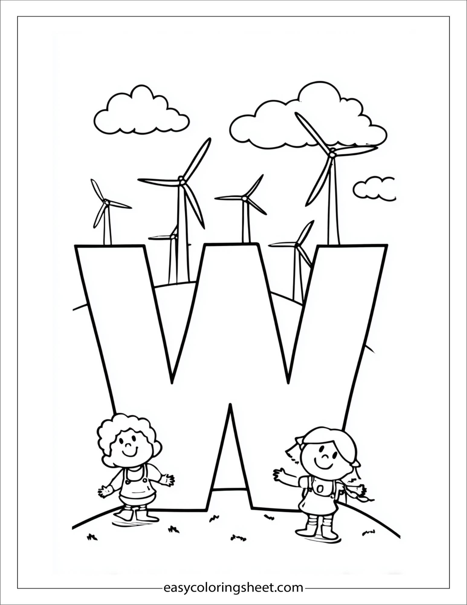 alphabet W windmill farm coloring page