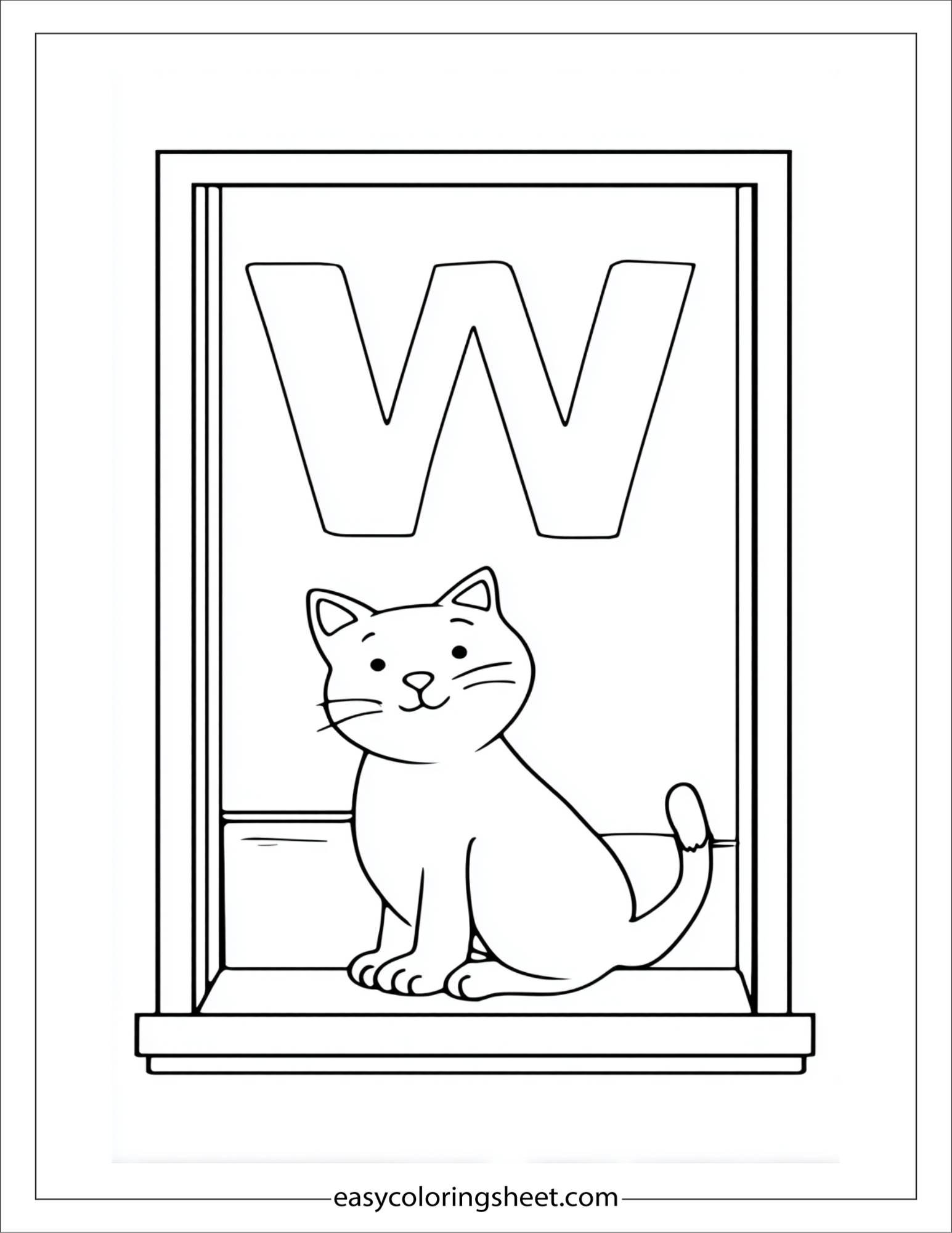 alphabet W window cat coloring page