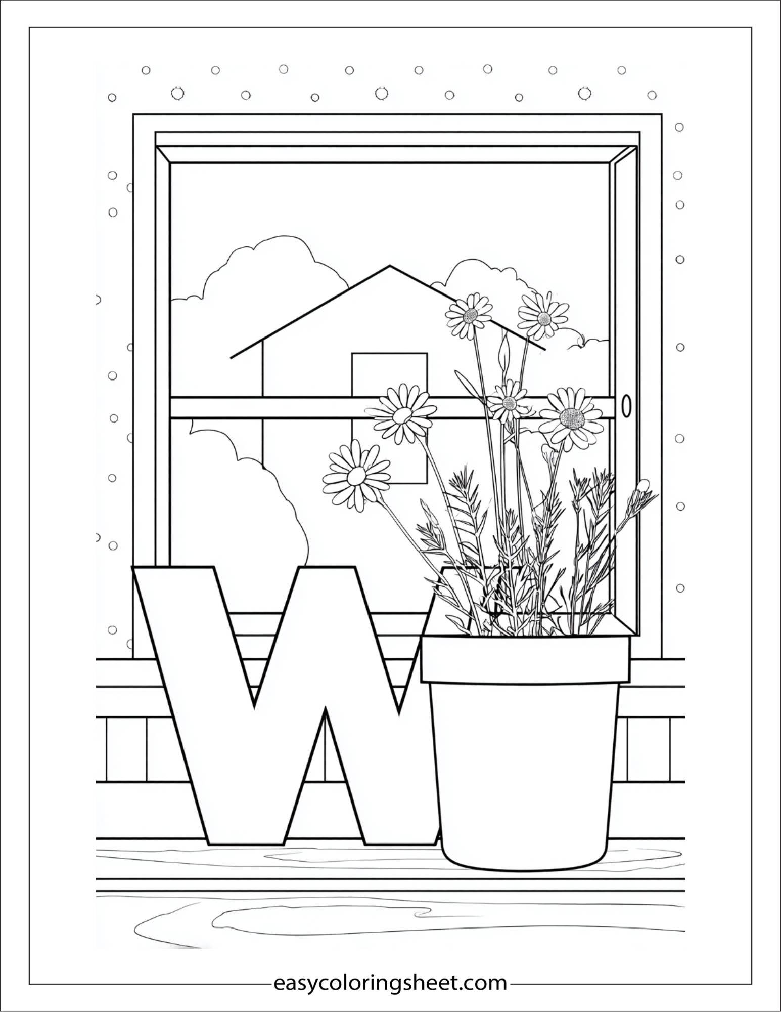 alphabet W window flower coloring page
