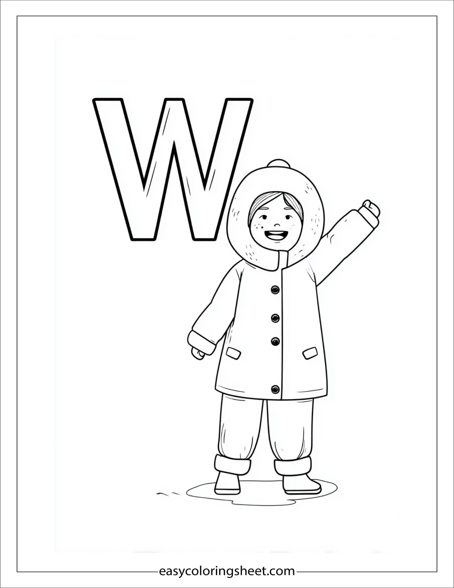 alphabet W winter coat coloring page