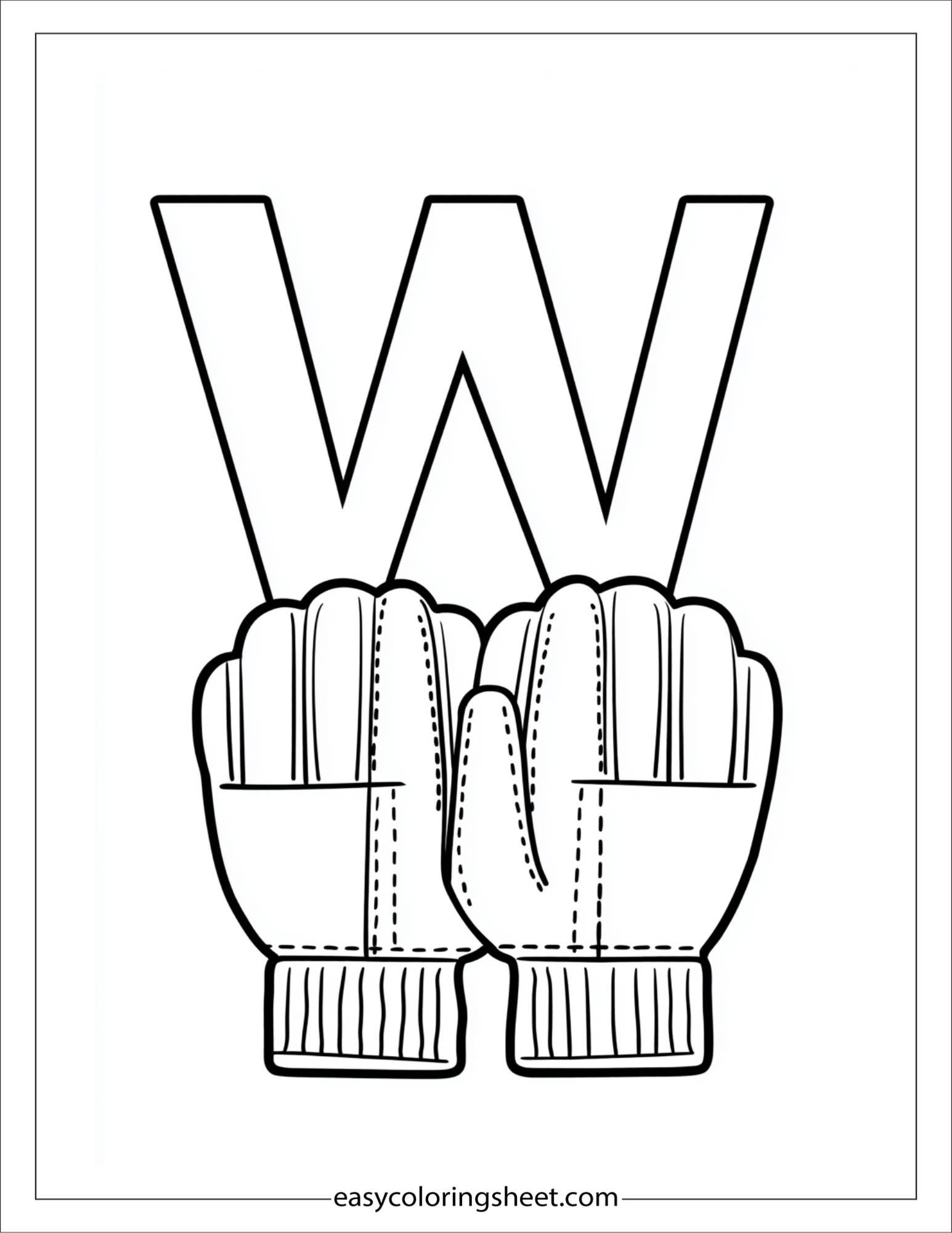 alphabet W winter gloves coloring page