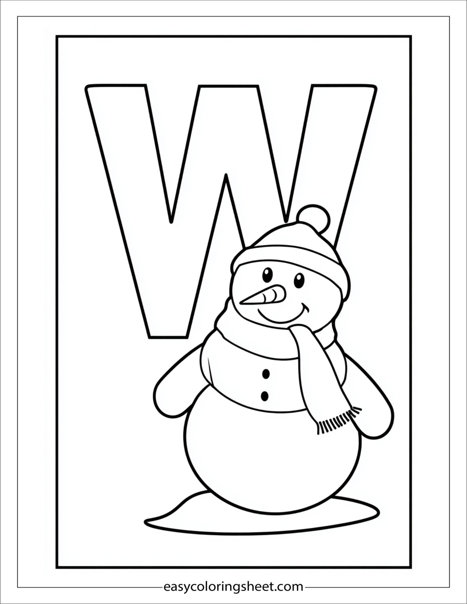 alphabet W winter snowman coloring page
