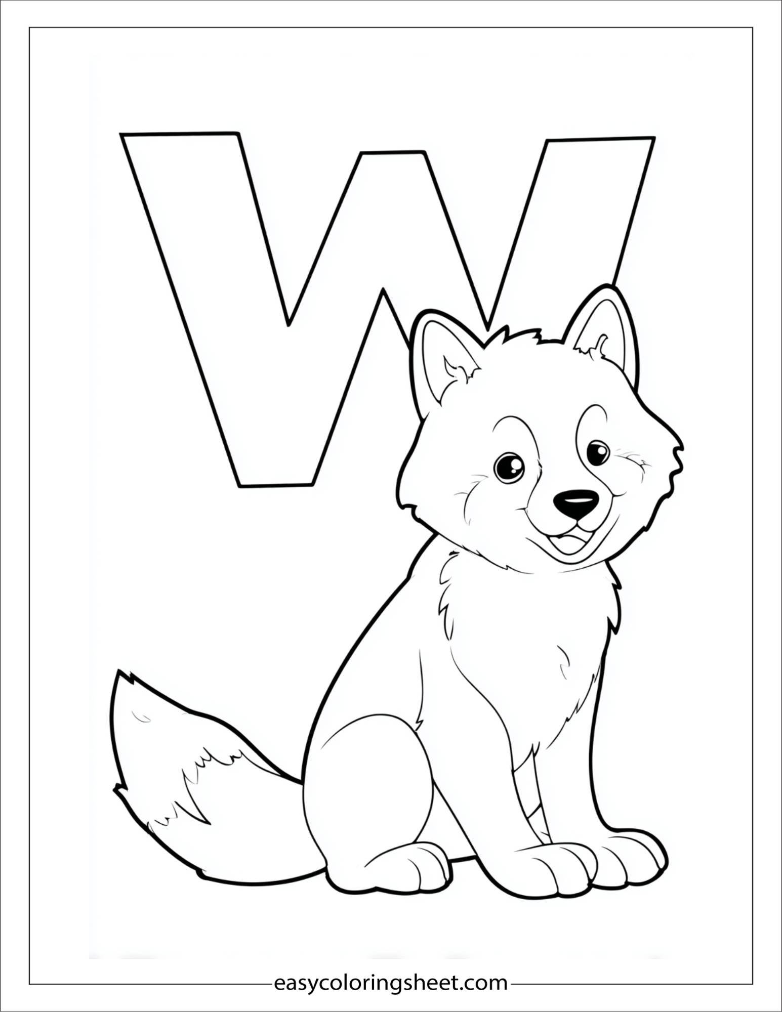 alphabet W wolf coloring page