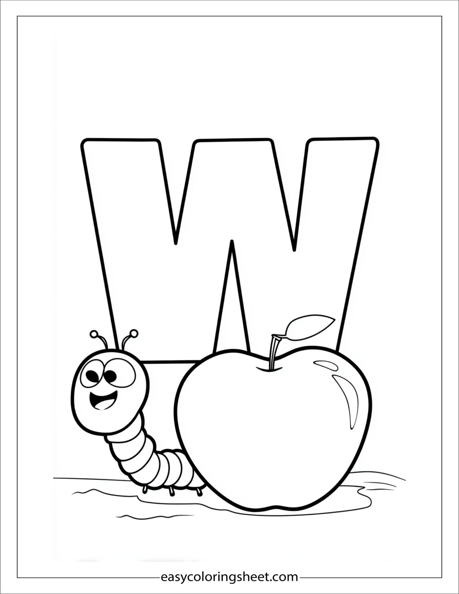 alphabet W worm apple coloring page