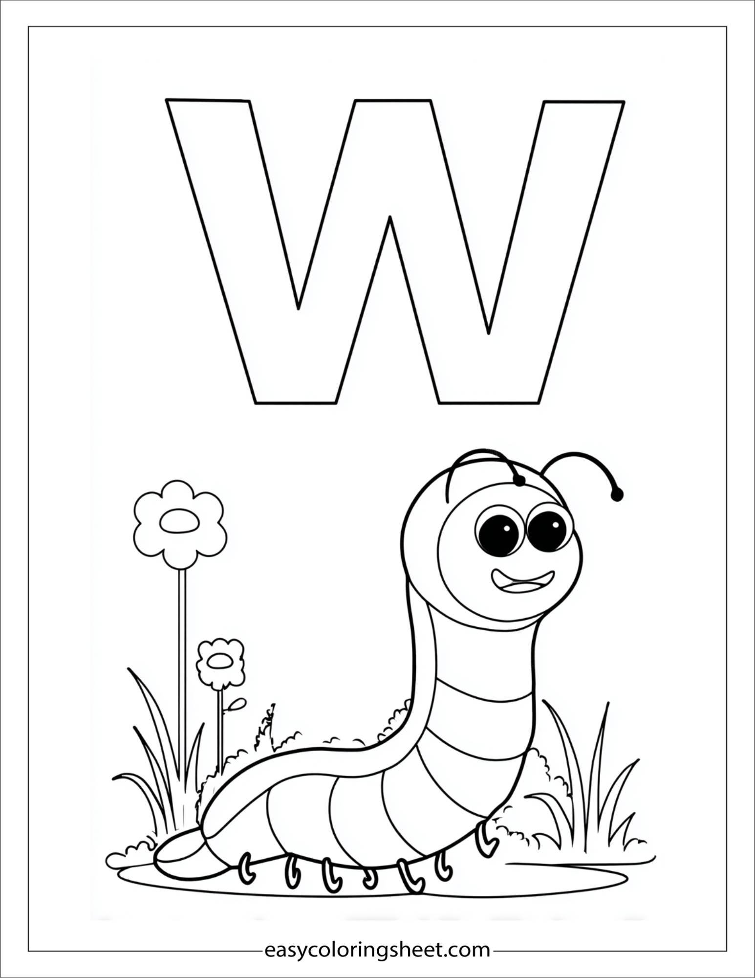 alphabet W worm coloring page