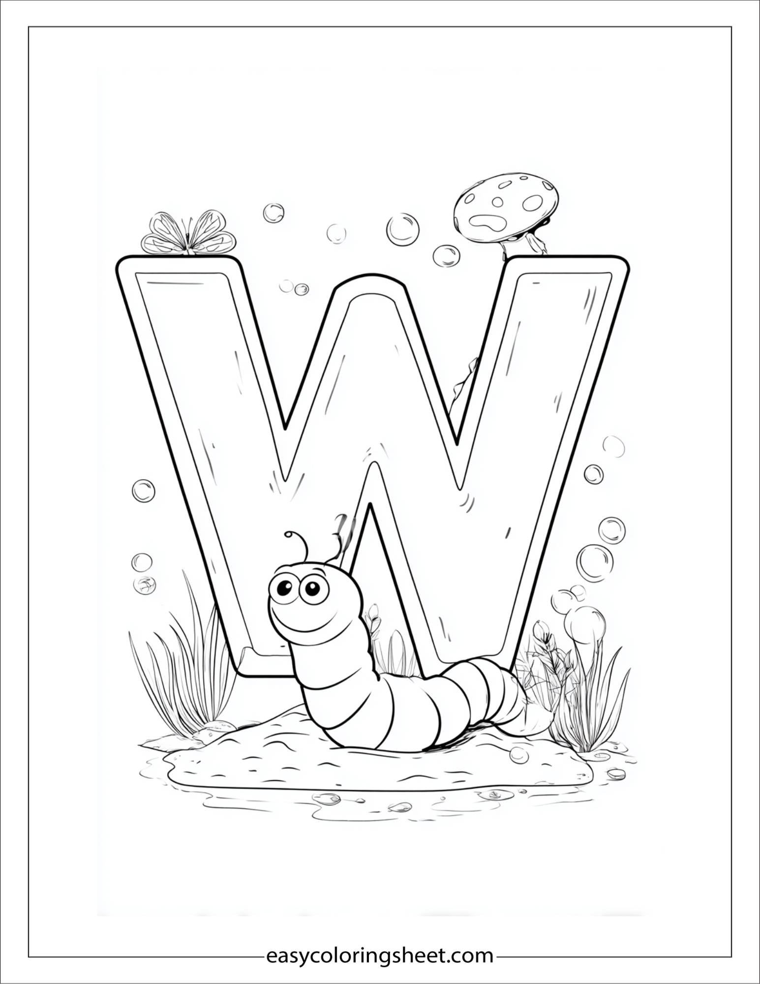 alphabet W worm garden coloring page