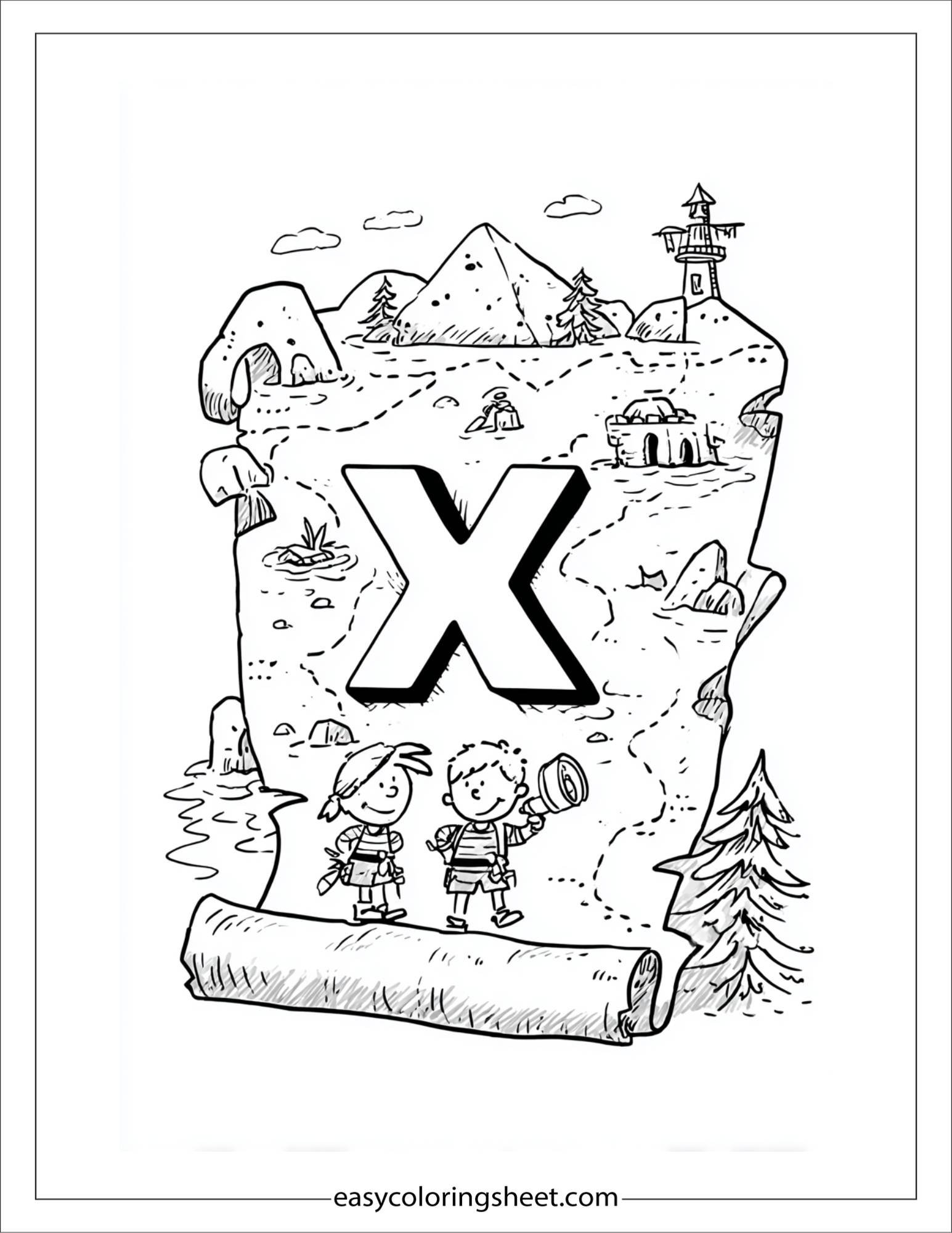 alphabet X treasure map coloring page