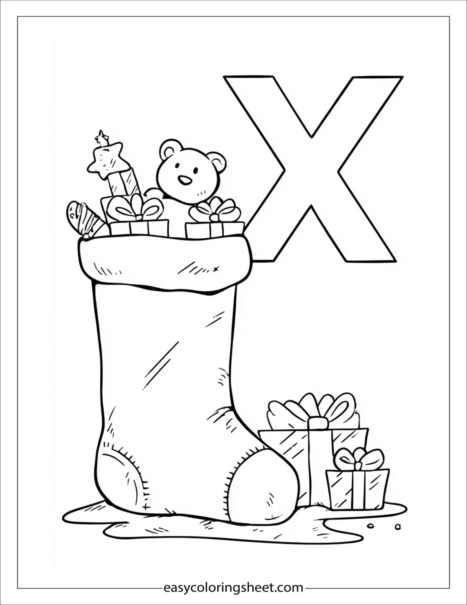 alphabet X xmas stocking coloring page