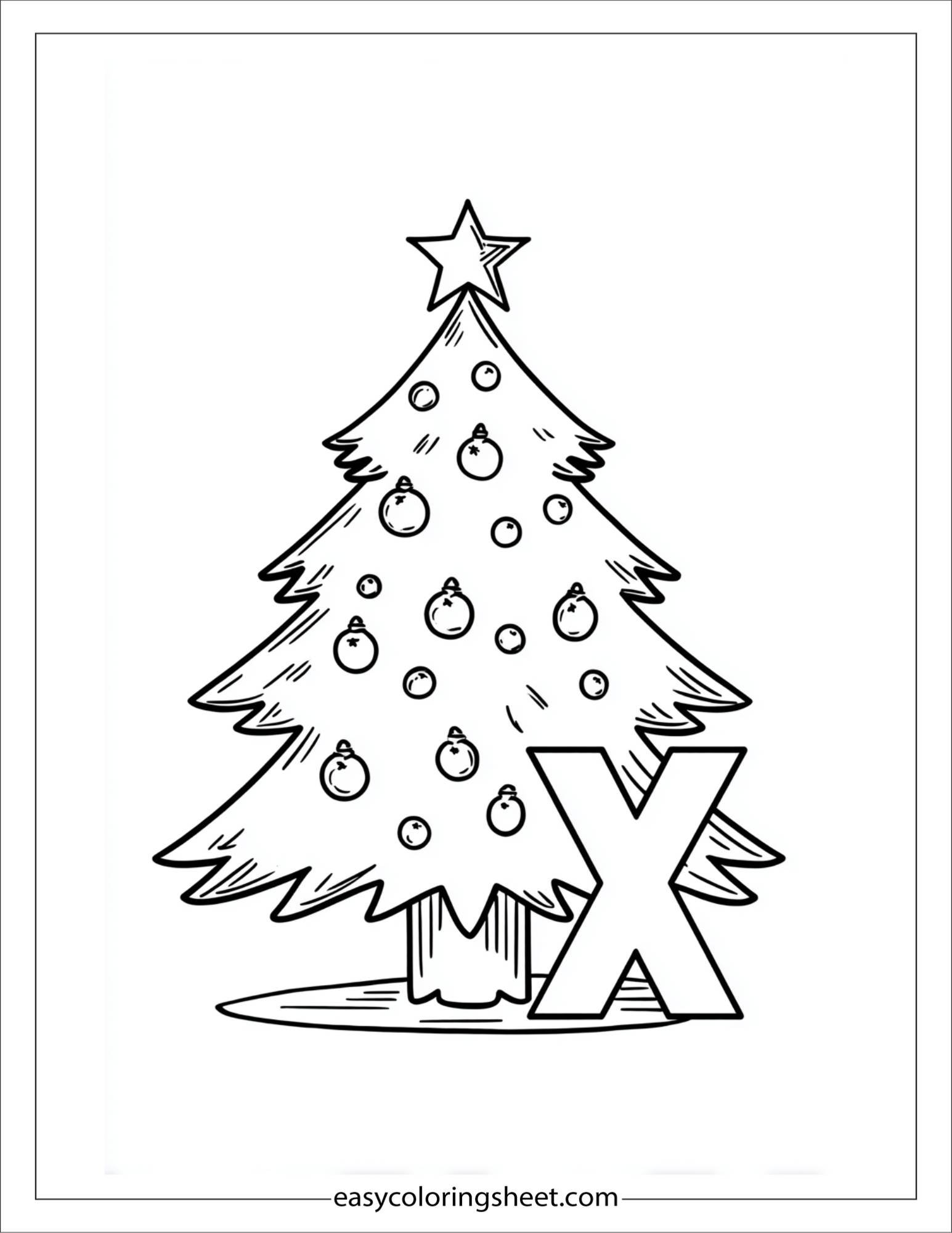 alphabet X xmas tree coloring page