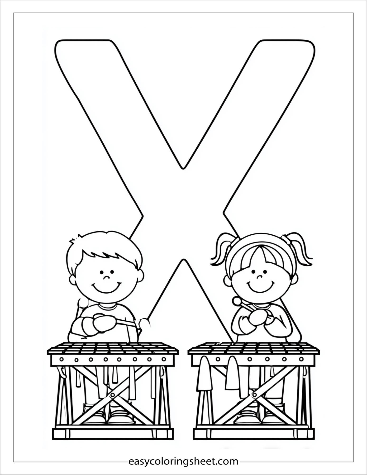 alphabet X xylophone band coloring page