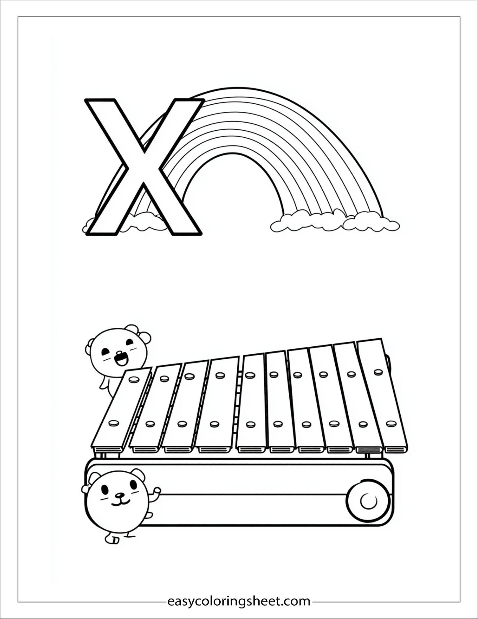alphabet X xylophone rainbow coloring page