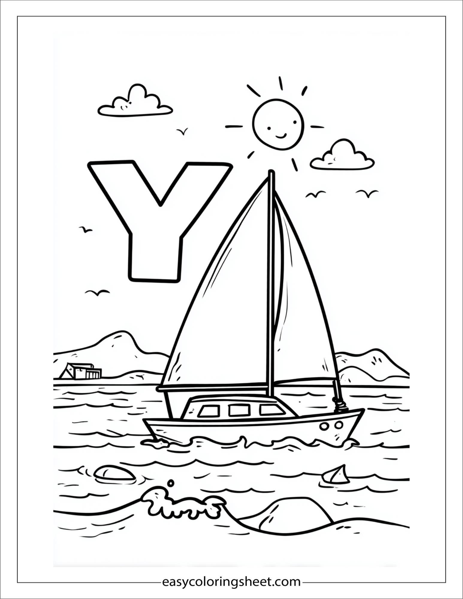 alphabet Y yacht ocean coloring page