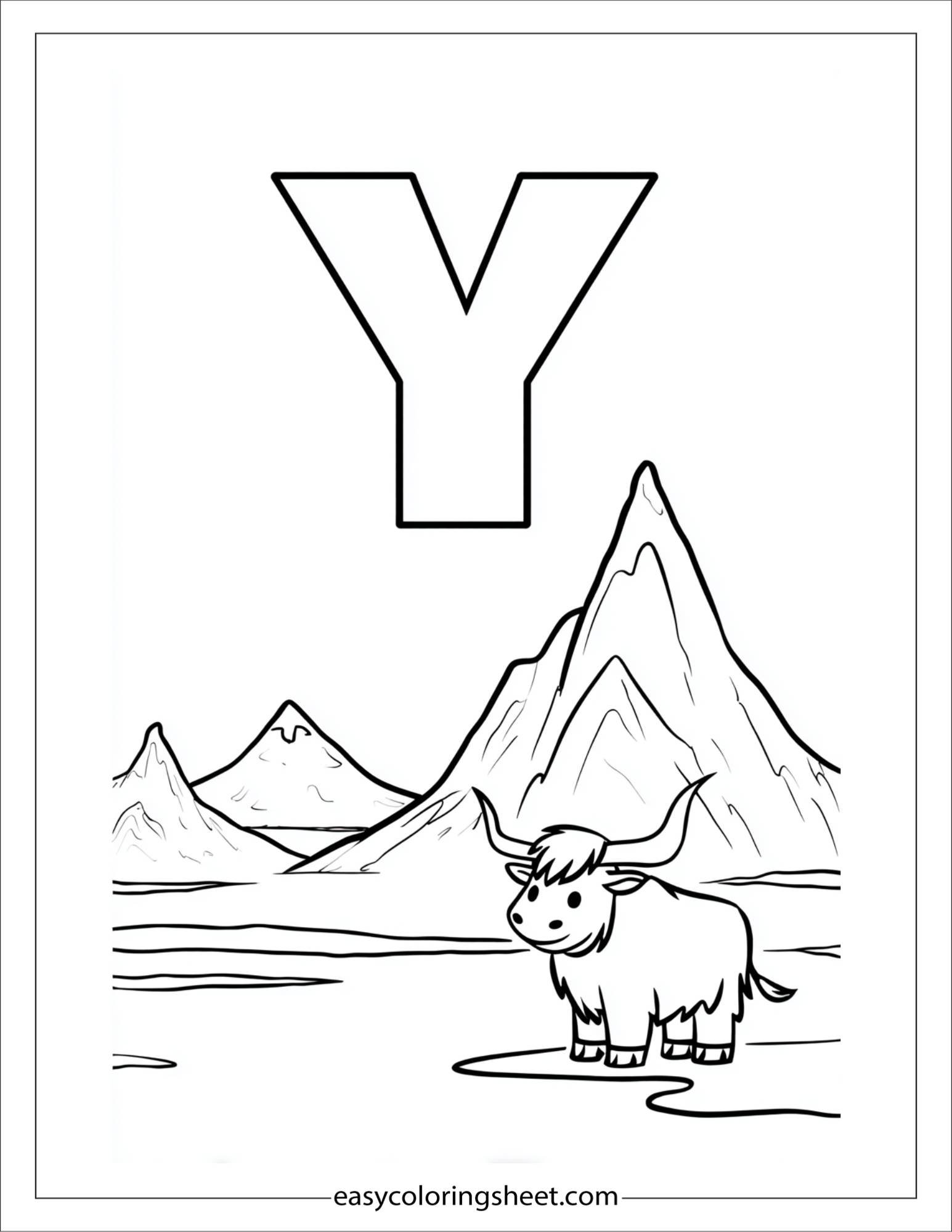 alphabet Y yak mountain coloring page