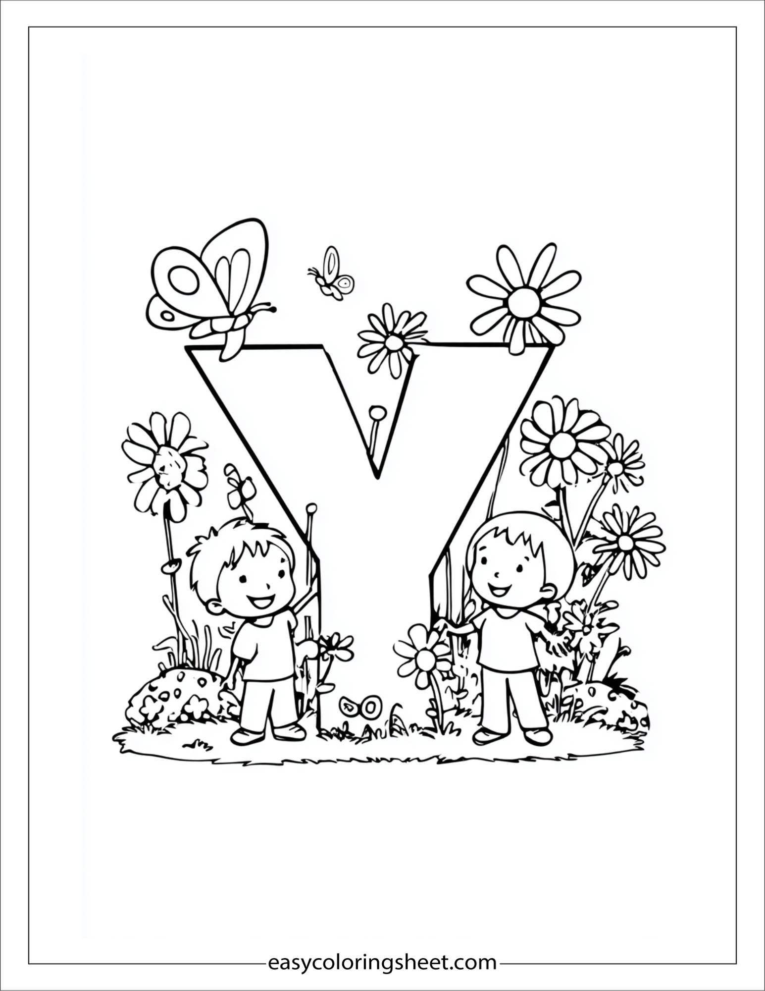 alphabet Y yard flowers coloring page