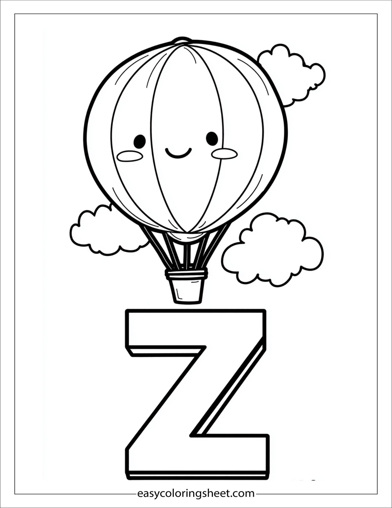 alphabet Z zero balloon coloring page