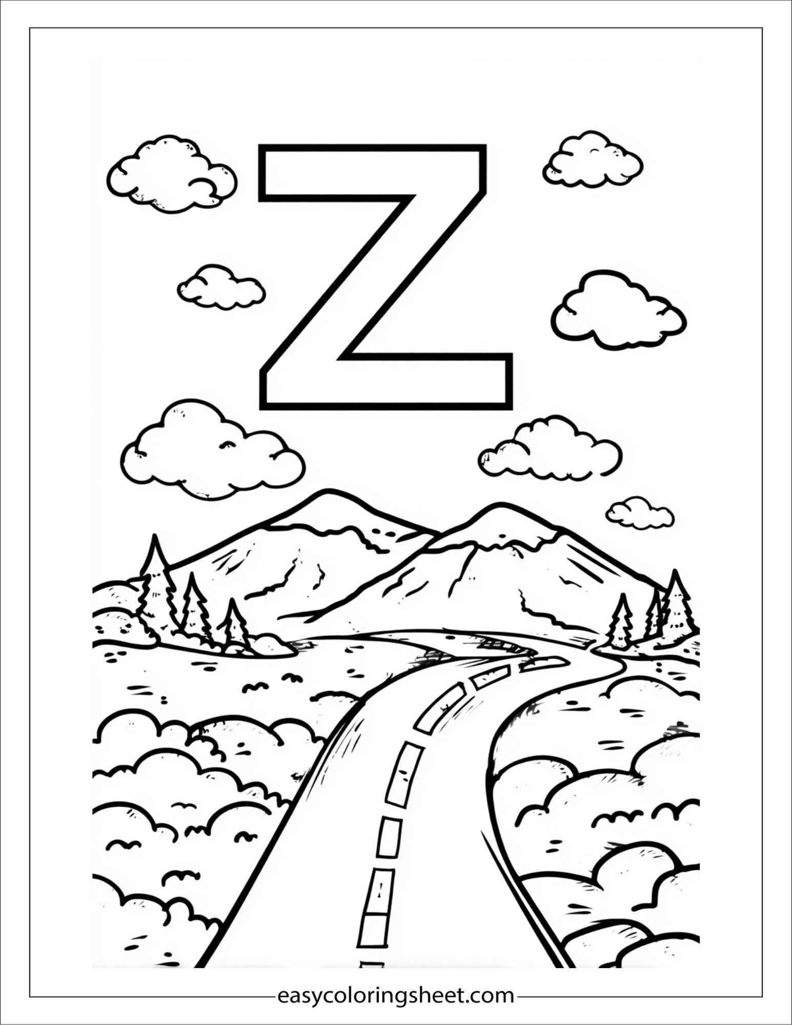 alphabet Z zigzag road coloring page