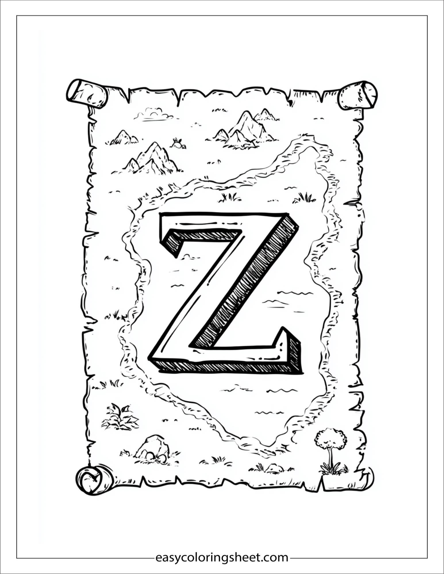alphabet Z zigzag road map coloring page