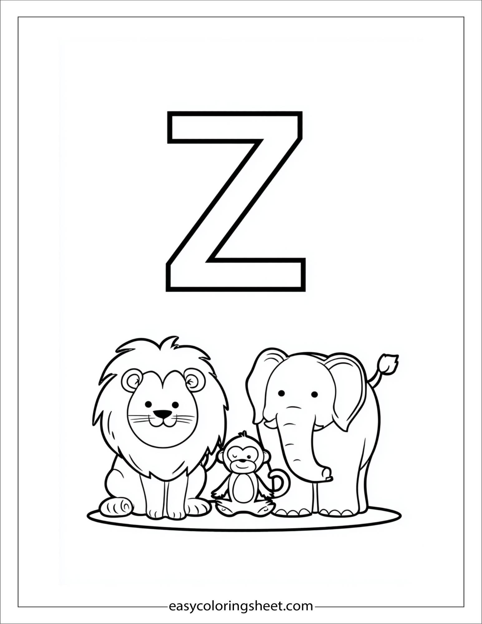 alphabet Z zoo animals coloring page