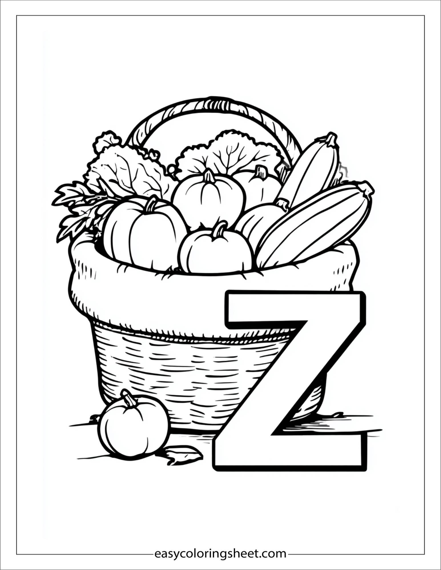 alphabet Z zucchini basket coloring page
