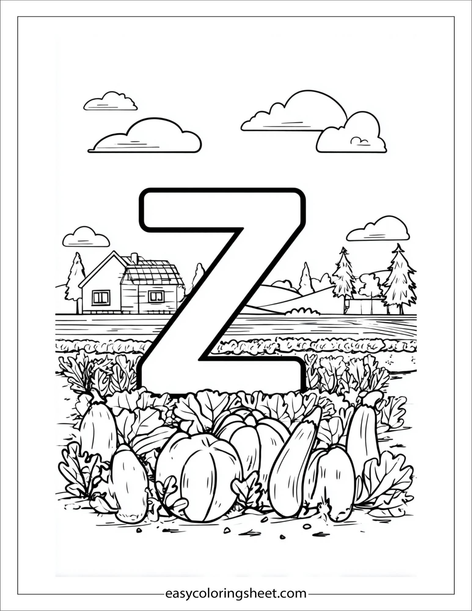 alphabet Z zucchini farm coloring page